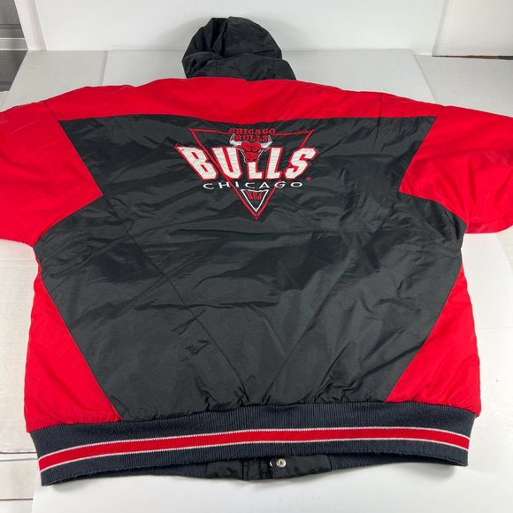VTG 90s Logo 7 Chicago Bulls Jacket Extra Large Black & Red Full Zip Puffer Coat - Picture 11 of 16